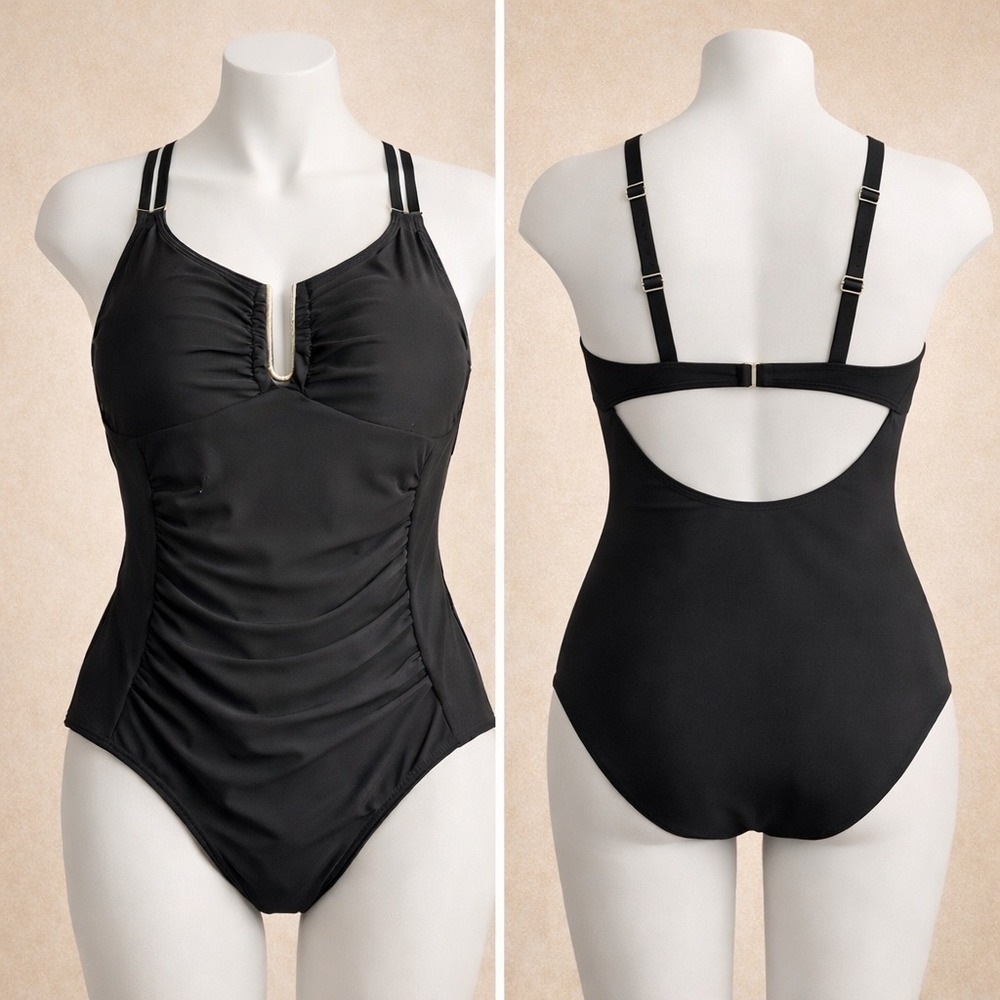 Black‎ Ruched One Piece Swimsuit NEW Deep V Gold Hardware Tummy Control- Medium